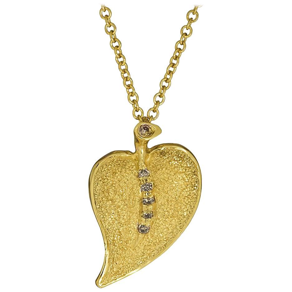 Diamond Yellow Gold Texured Leaf Pendant Necklace on Chain One of a kind