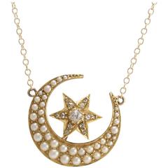 Victorian Crescent Moon and Star Necklace with Seed Pearls and Diamonds
