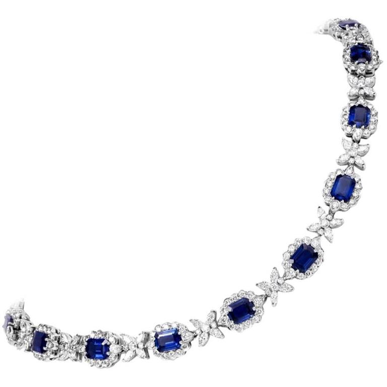 Sapphire Diamond Cluster Link Necklace and Bracelet at 1stDibs
