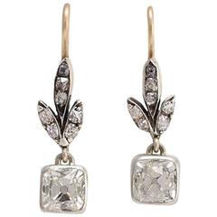 Trefoil Earrings with 1.54 Carat Weight Cushion and Old Mine Cut Diamonds