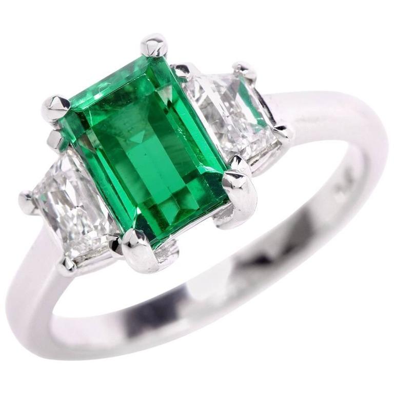 Colombian Emerald Platinum Three-Stone Engagement Ring at 1stDibs