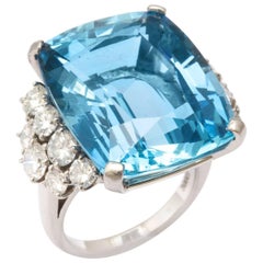 Vintage 28.35 Carat Aquamarine Diamond Platinum Ring