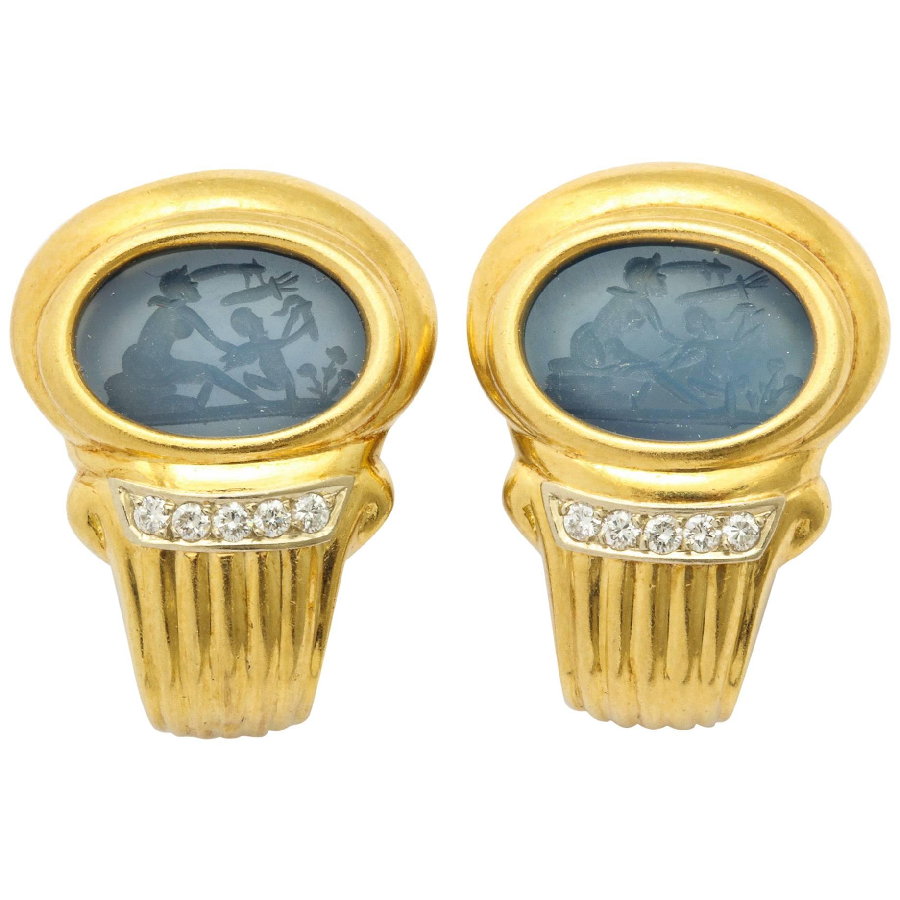 Blue Agate Diamond Yellow Gold Earrings For Sale