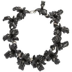 Onyx Diamond Silver Orchid Necklace