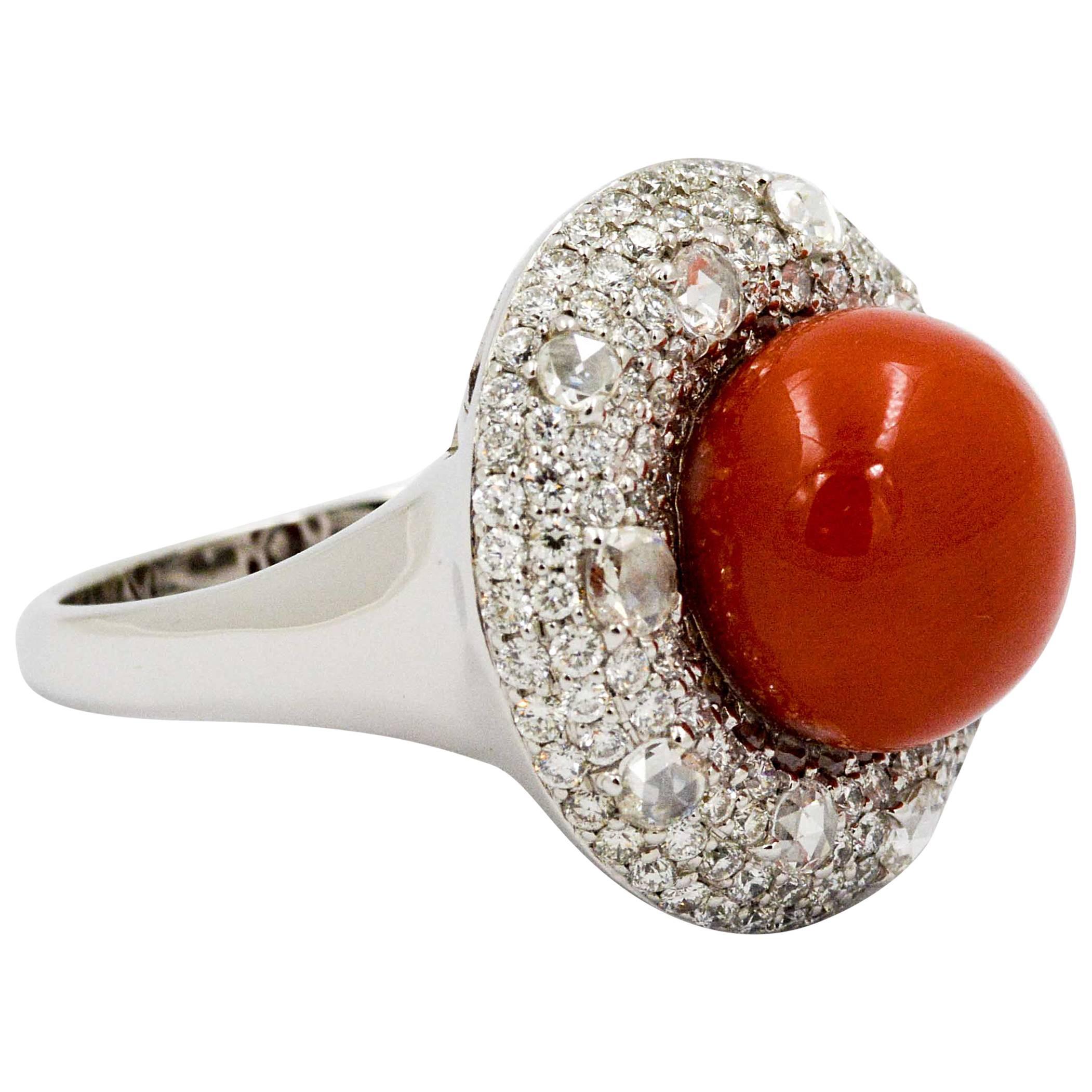 Torro Del Diamond White Gold Ring Centered with Red Coral