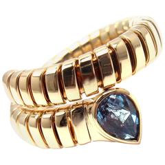 Bulgari Tubogas Blue Topaz Yellow Gold Snake Band Ring 6