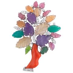 Gem Set Coral Diamond Gold Tree Brooch