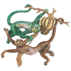 1970s Enamel Diamond Gold Monkey Brooch 11