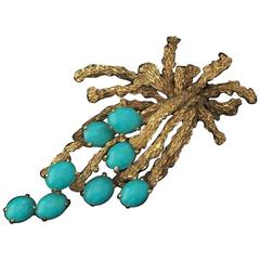 Beautiful 1960s Textured Turquoise Cabochon Gold Spray Pendant for Necklace