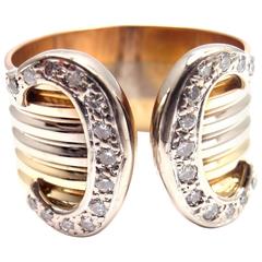 Vintage Cartier Double C Diamond Tricolor Gold Band Ring