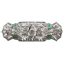 Art Deco Filigree Emerald Diamond Platinum Brooch