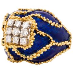 18 Karat Blue Enamel Diamond Ring 3