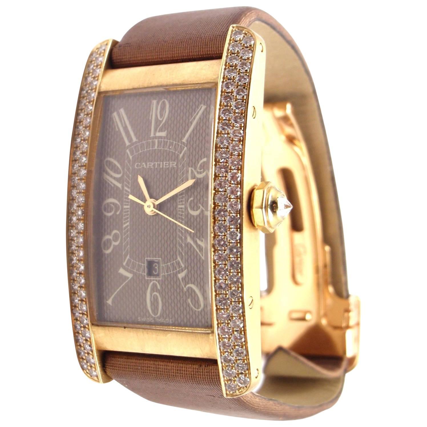 Cartier Rose Gold Diamond Tank Americaine Midsize Automatic Wristwatch