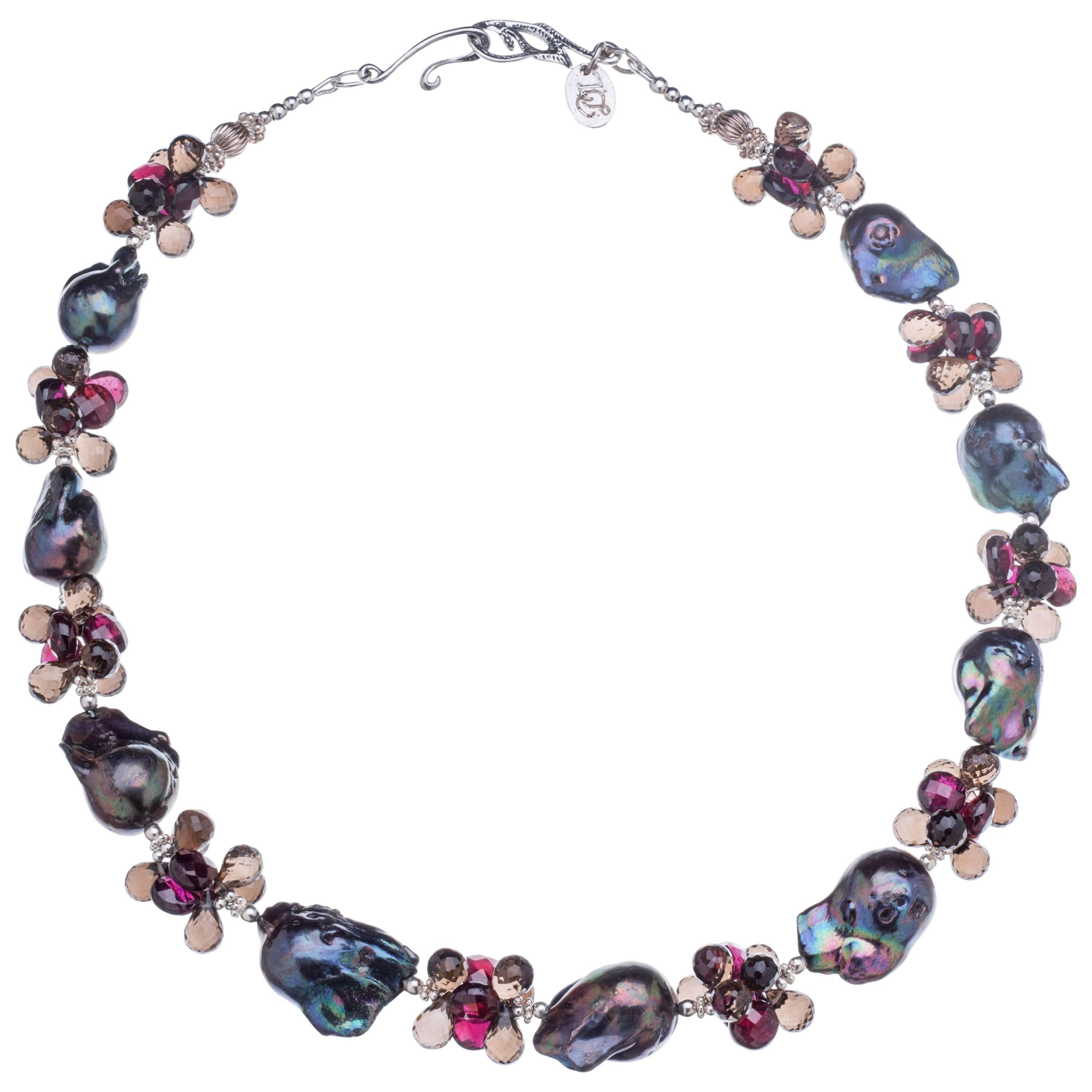 Deborah Liebman Black Pearls Garnet Smoky Quartz Sterling Sliver Necklace For Sale