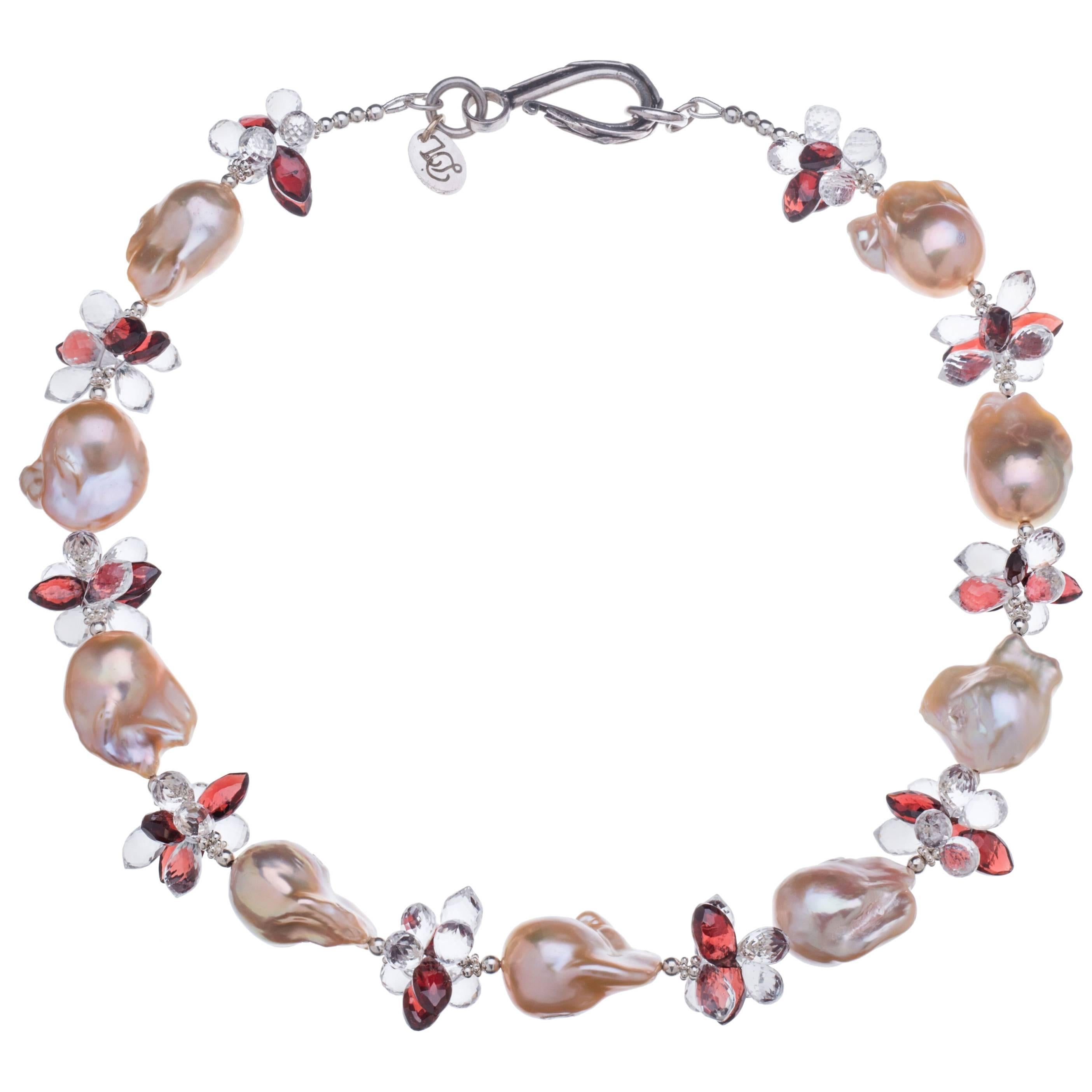 Deborah Liebman Peach Pearls Garnet Quartz Sterling Necklace For Sale