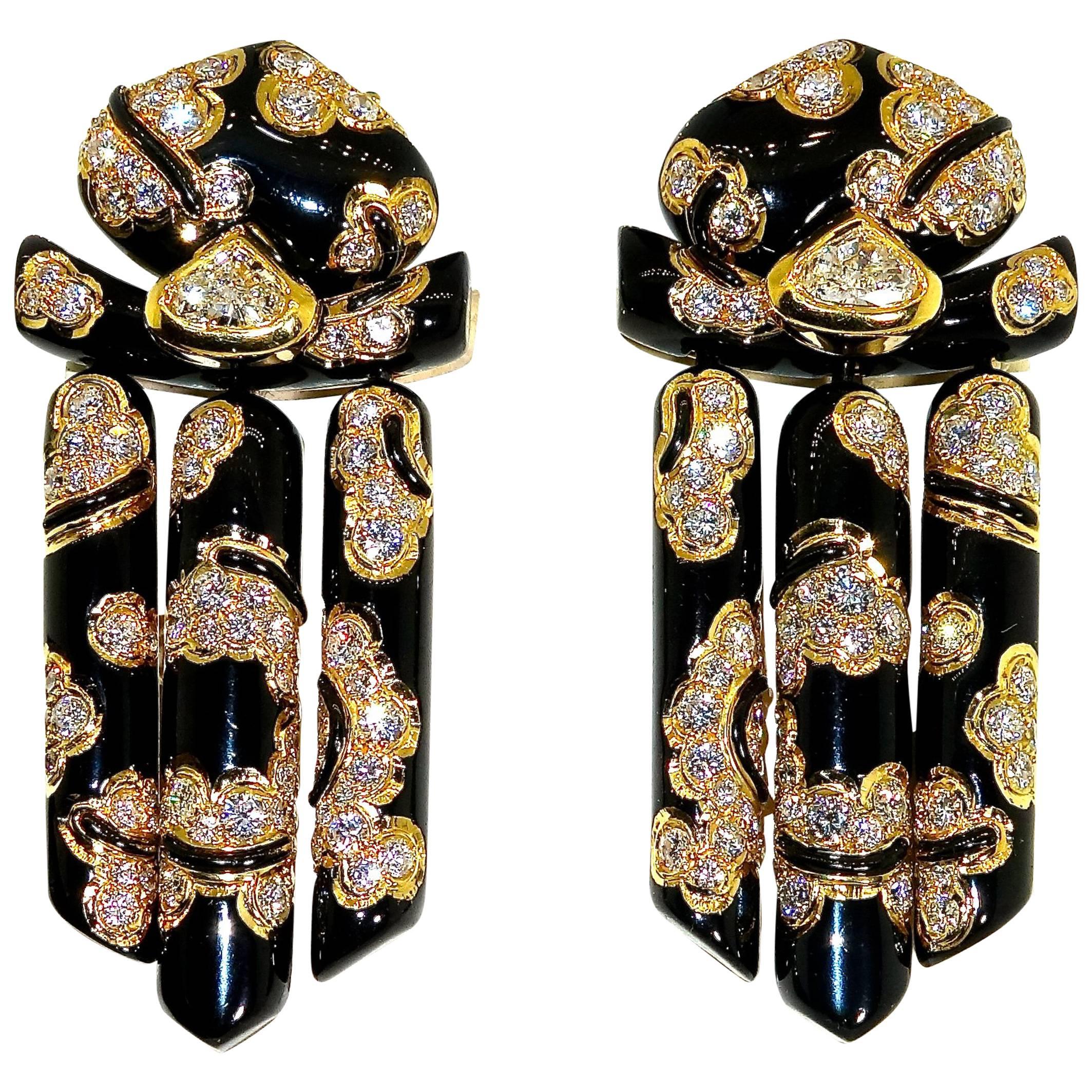 Marina B Black Enamel Diamond Gold Earrings