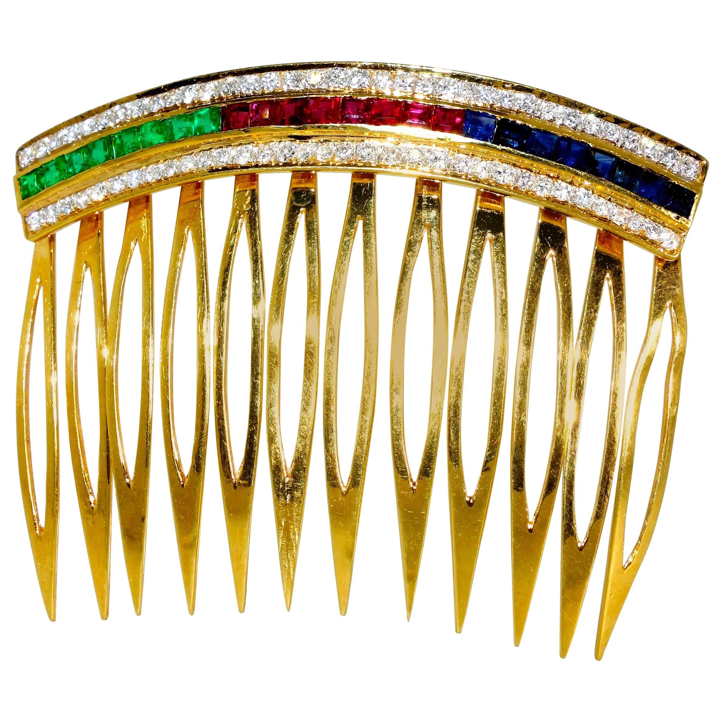   Hair Barrette in Gold with Rubies, Diamonds, Sapphires and Emeralds.