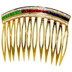 Vintage   Hair Barrette in Gold with Rubies, Diamonds, Sapphires and Emeralds.