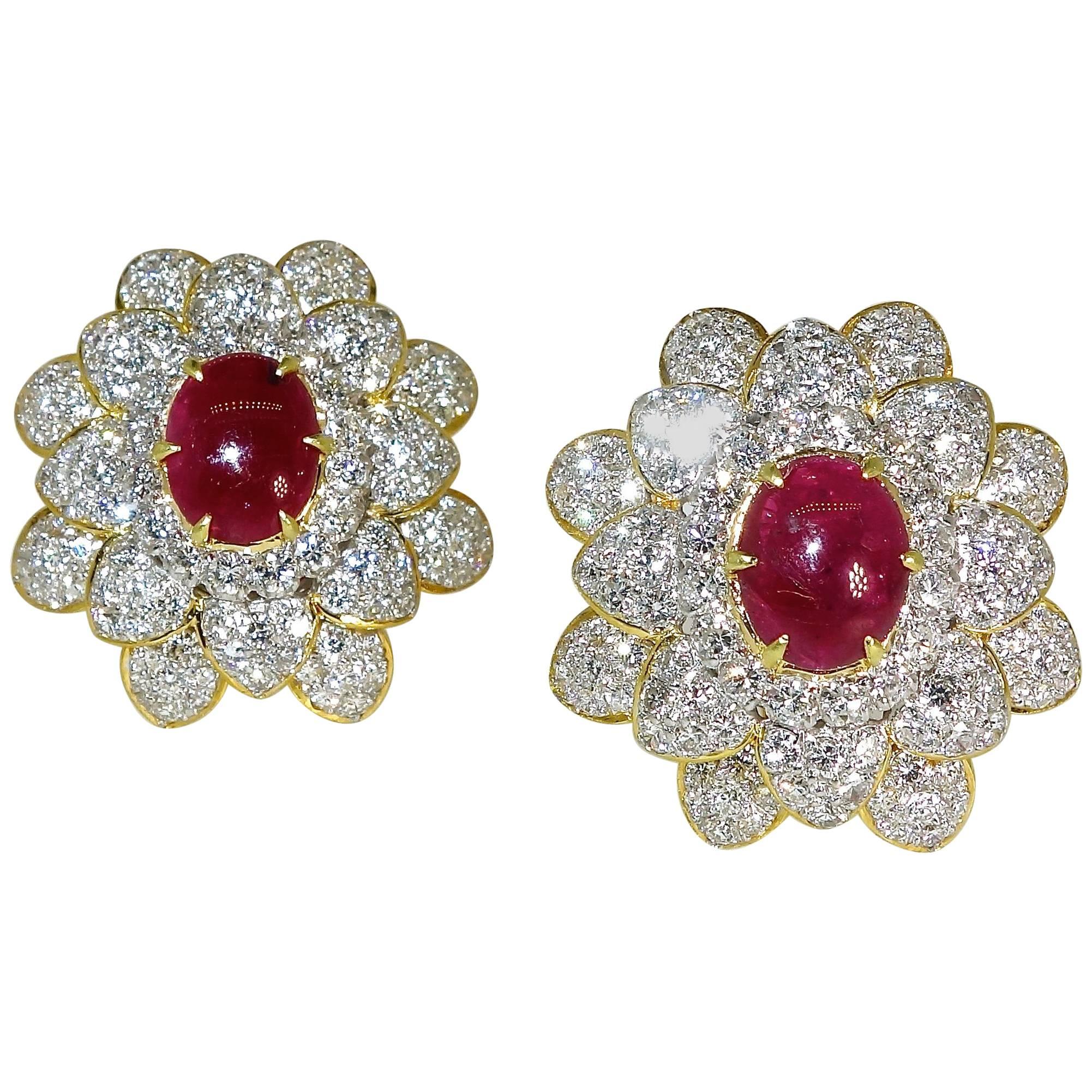 Ruby Diamond Gold Cluster Earrings