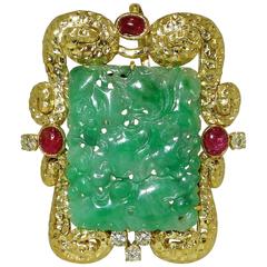 Fine Natural Jade Ruby Diamond gold Clip, circa 1960