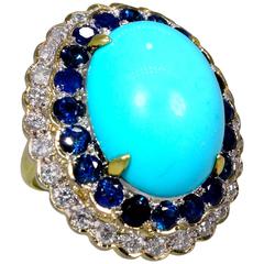 Vintage Turquoise Sapphire Diamond Gold Ring, circa 1960