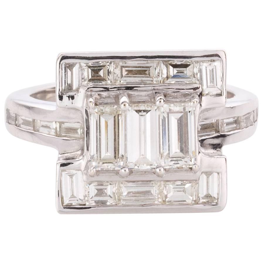 Baguette Cut Diamond White Gold Dress Ring For Sale
