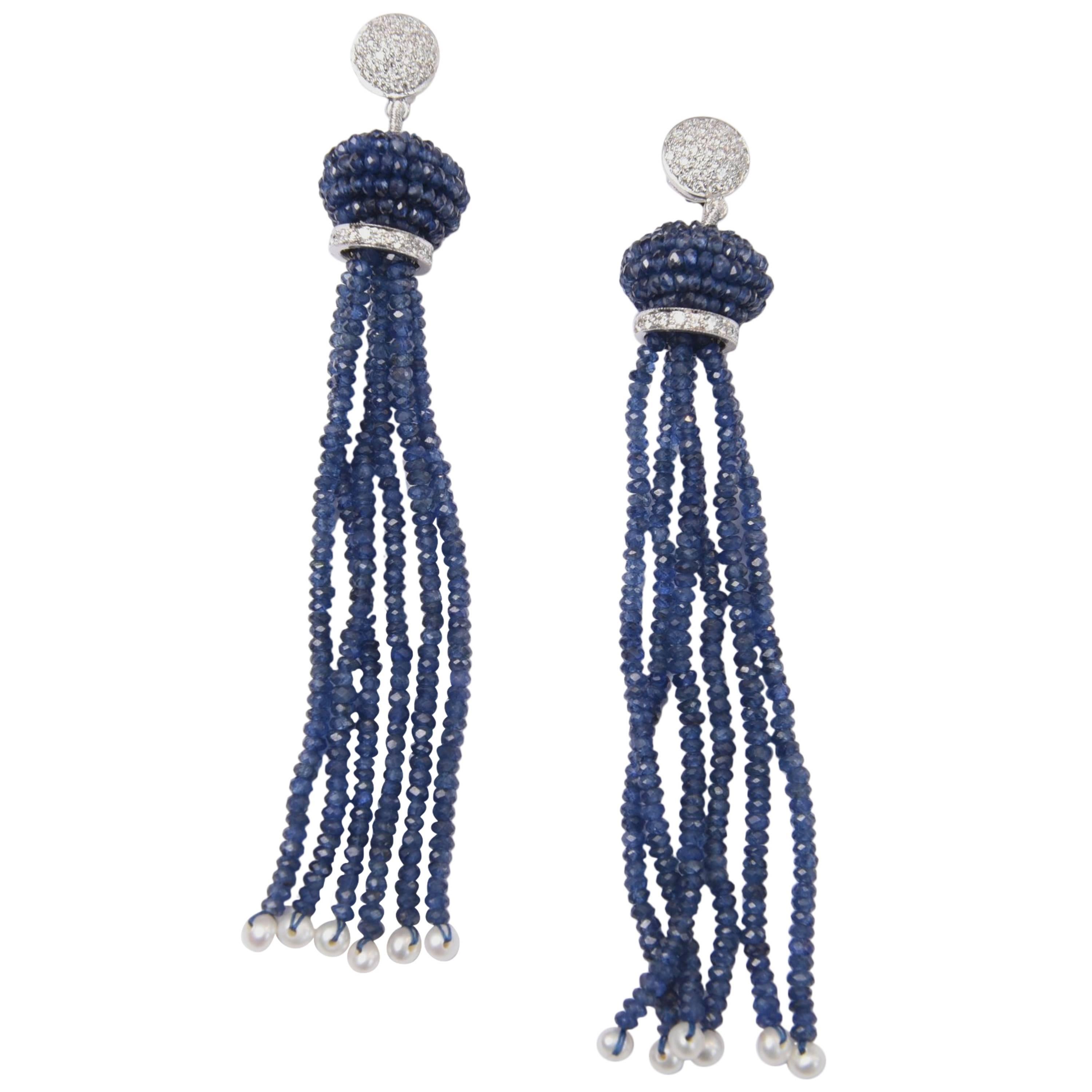 Pair of Faceted Blue Sapphire Diamonds Gold Tassel Earrings