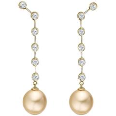 Golden South Sea Pearl White Sapphires Chrysos Drops Earrings