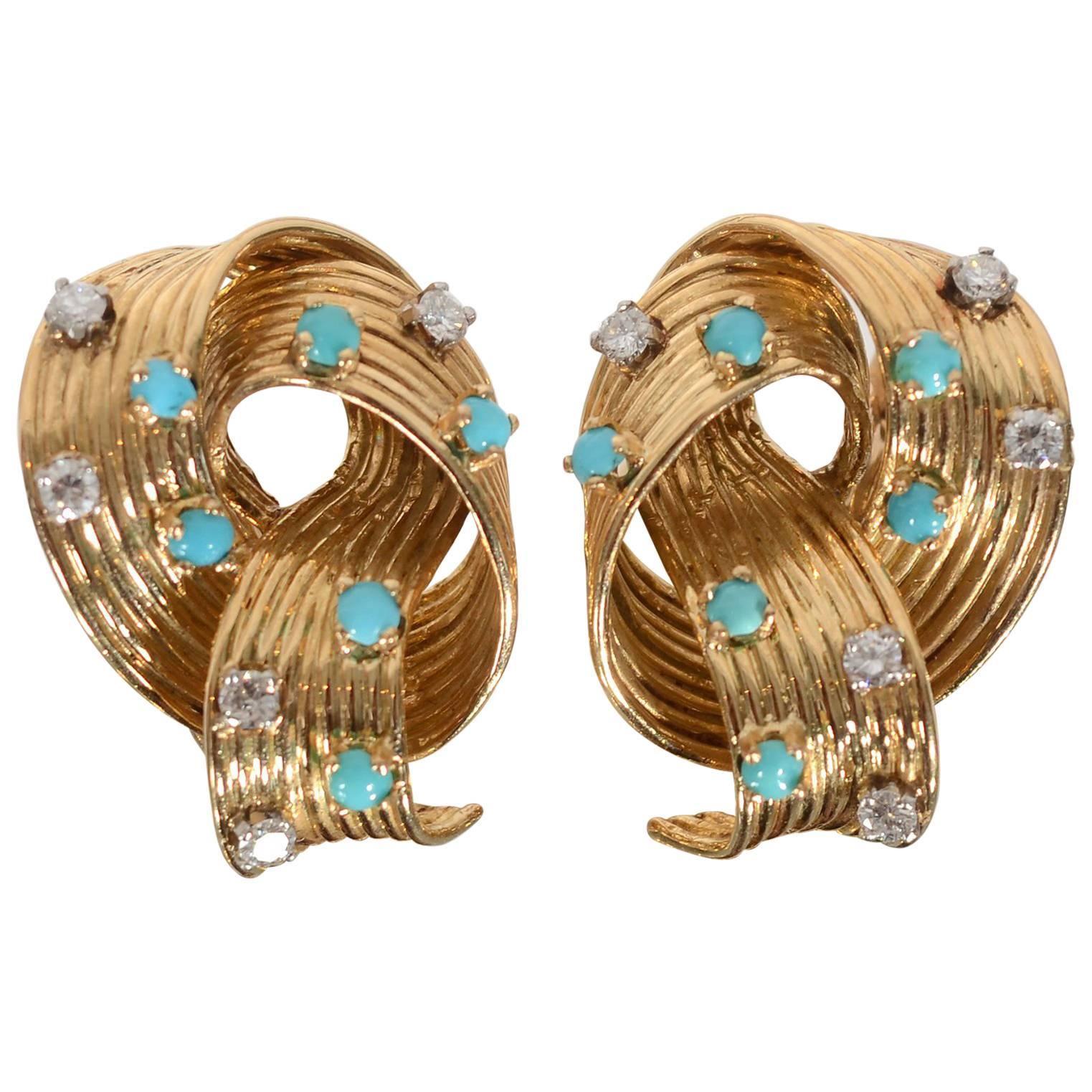Turquoise Diamond Gold Looped Earrings