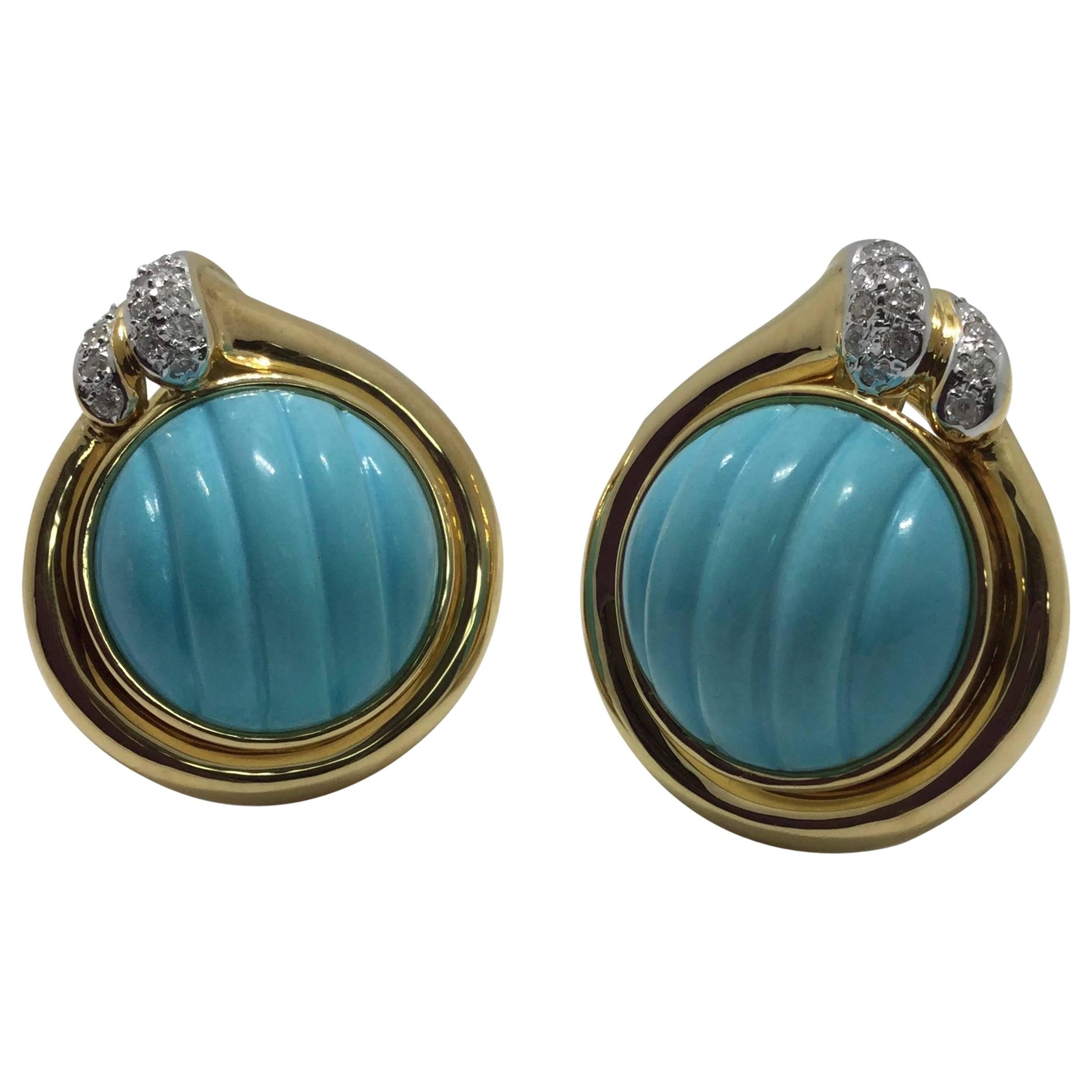 Turquoise Diamond Yellow Gold Earrings For Sale