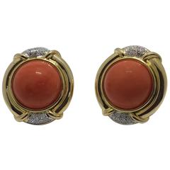 Coral and Diamond Yellow Gold Earrings 1