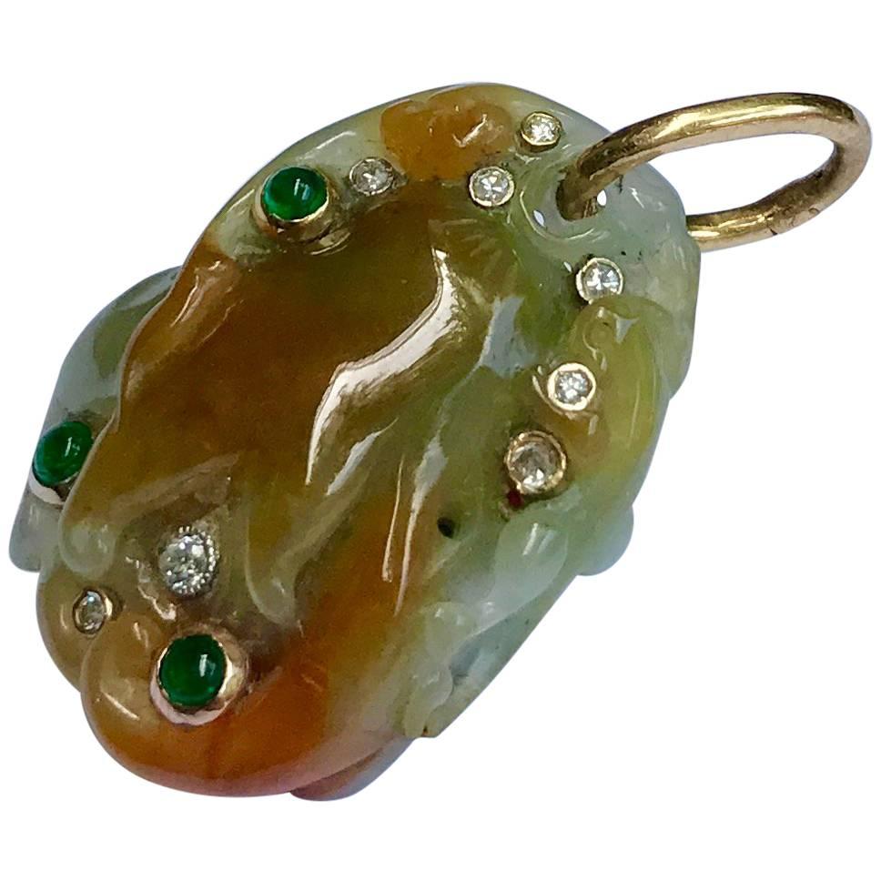 Emerald Diamond Hand-Carved Natural Jade Gold Pendant