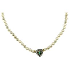 Japanese Cultured Pearl Emerald Diamond Gold Necklace 6