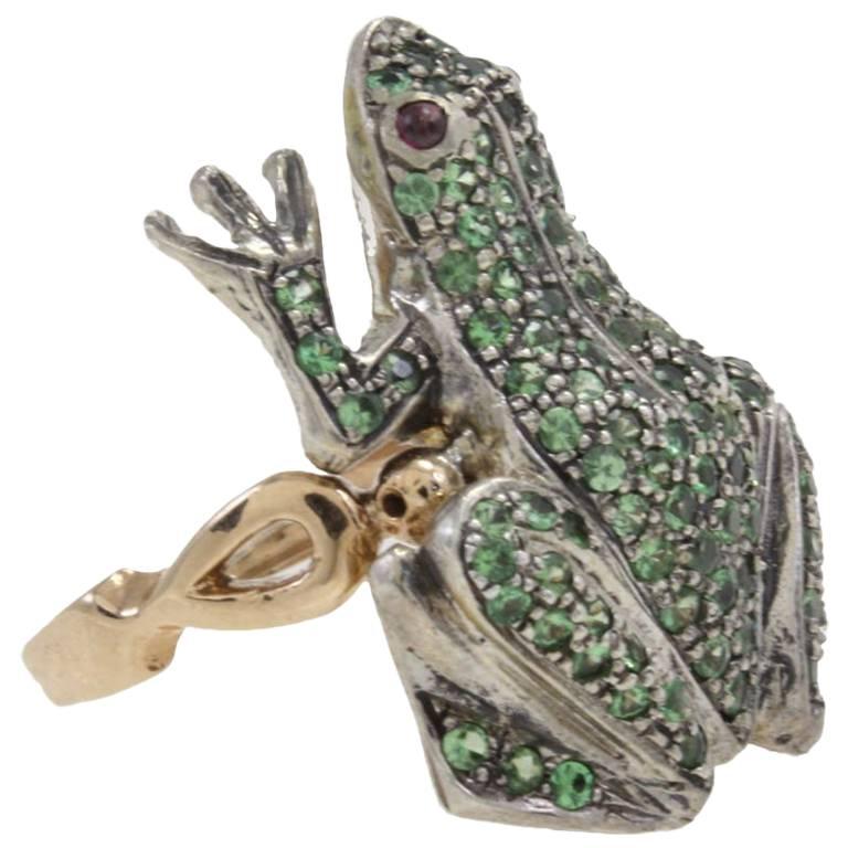 Goldring mit Tsavorit und Granat Mode Frosch im Angebot