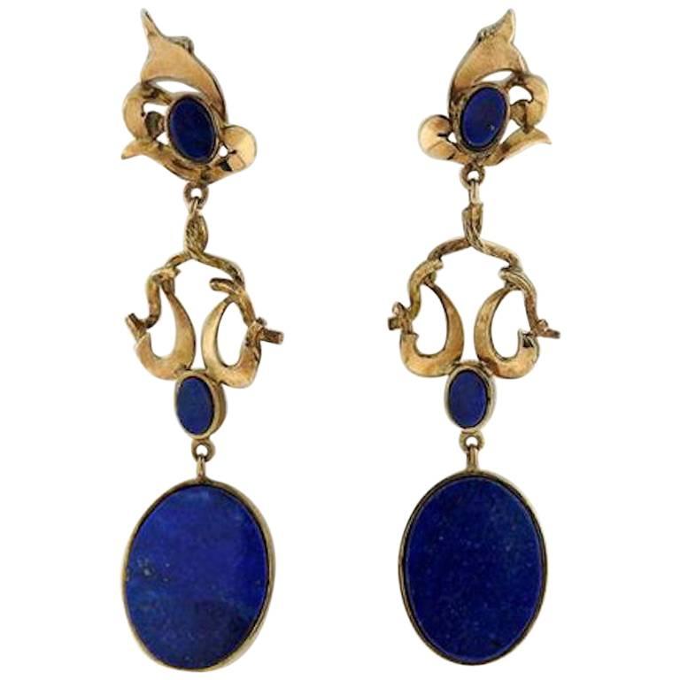 1970s Lapis Lazuli Gold Dangle Earrings