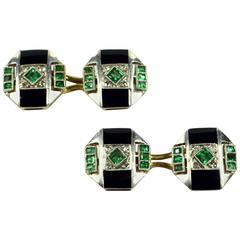 Art Deco Emerald Enamel Diamond Cufflinks, circa 1925