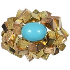 Vintage Turquoise Gold Geometric Blocks Ring, circa 1970