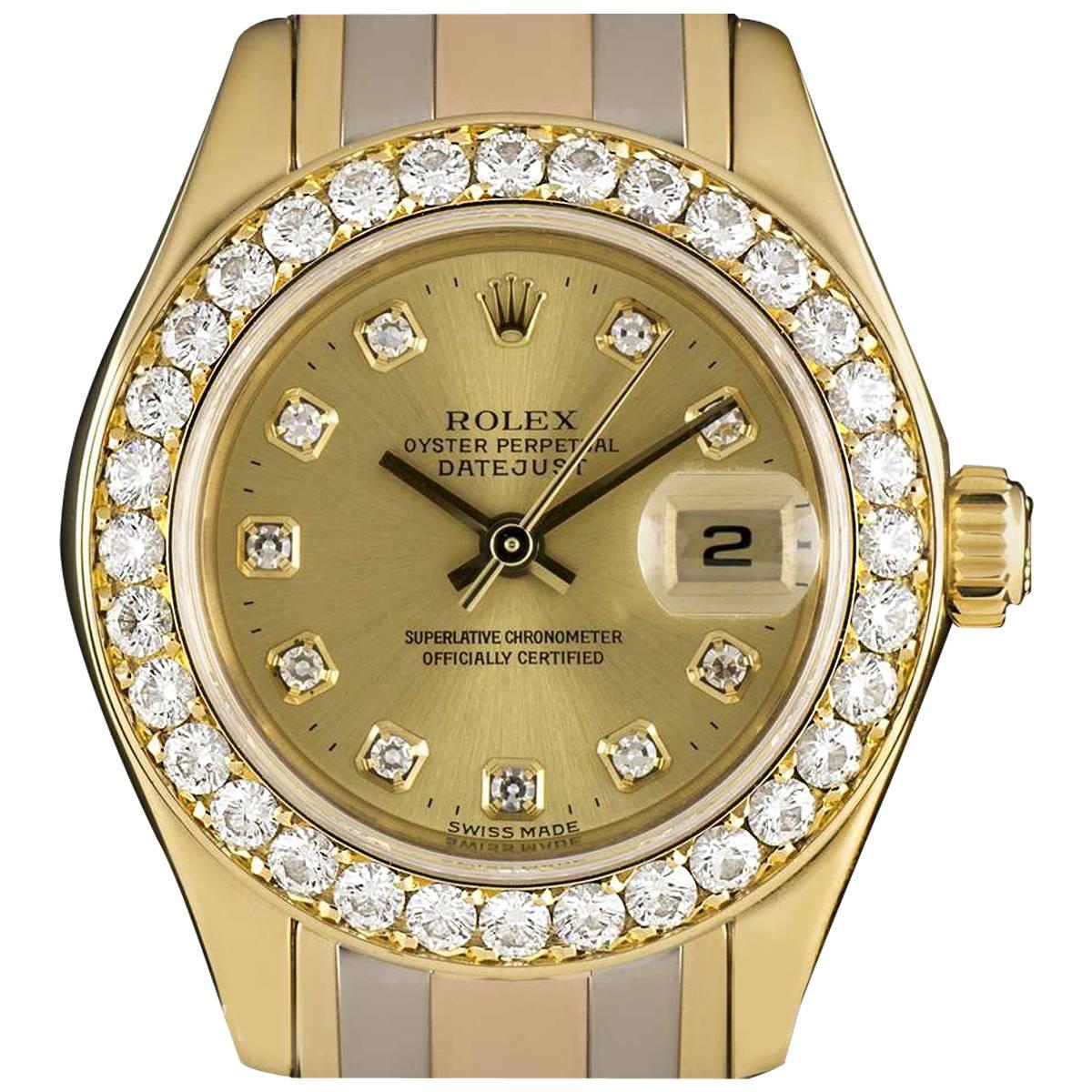 Rolex Ladies Diamond Yellow Gold Bezel Datejust Pearlmaster Tridor Wristwatch