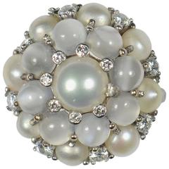 Cat's Eye Moonstone Pearl White Gold Bombe Ring