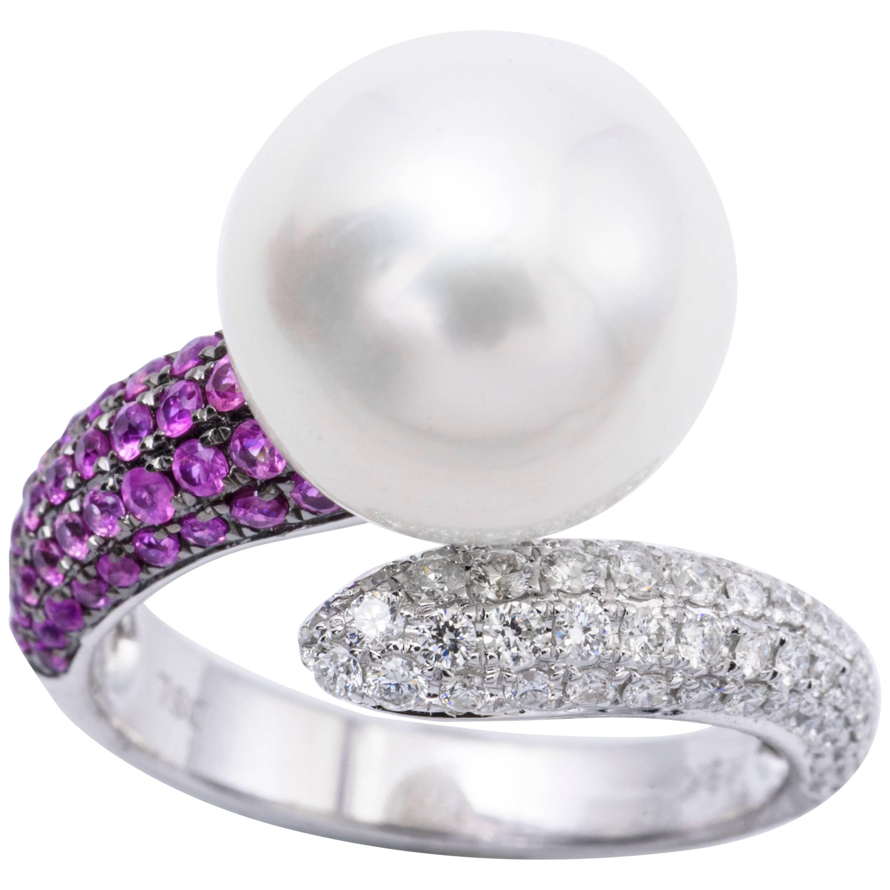 South Sea Pearl Pink Sapphire Diamond White Gold Cocktail Ring