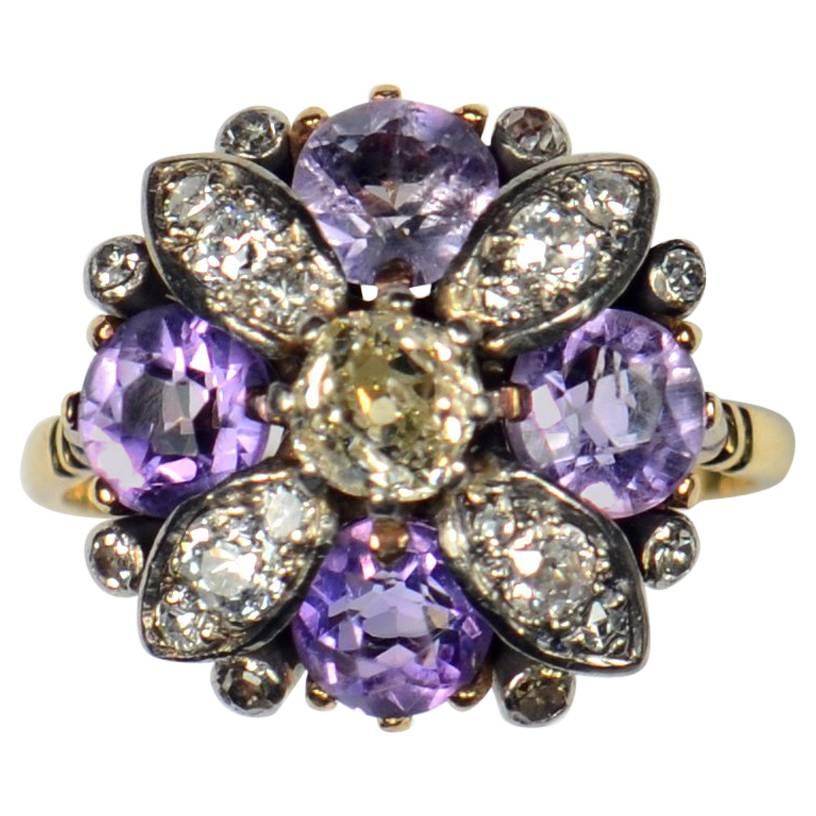 19th Century Amethyst Diamond Flower Ring
