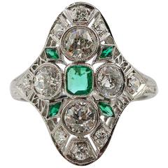 Art Deco Platinum Filigree Emerald and Diamond Dinner Ring