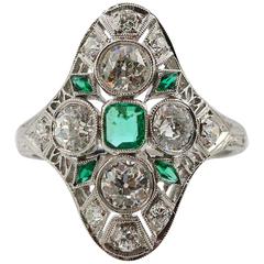 Art Deco Platinum Filigree Emerald and Diamond Dinner Ring 12