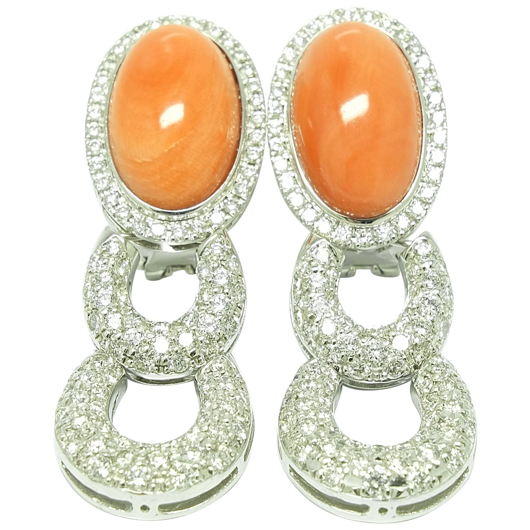 Coral Diamond White Gold Clip-On Ear Pendants Earrings For Sale