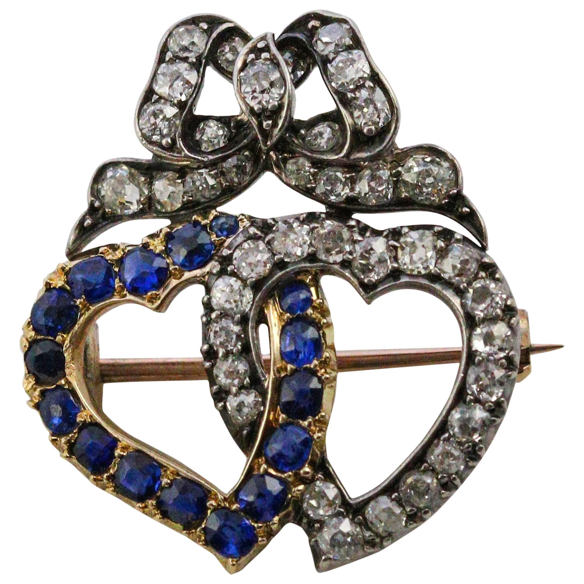 Mid-Victorian Diamond and Sapphire Interlocking Heart Brooch