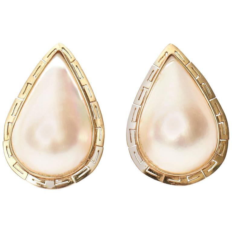 Pair Of Mabe Pearl And 14k Yellow Gold Pierced Lever Back Teardrop Pair Of Mabe Pearl 14k Yellow Gold Pierced Lever Back Teardrop Earrings For