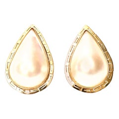 Pendientes de lágrima vintage de perlas Mabe y oro amarillo de 14 quilates con cierre de palanca
