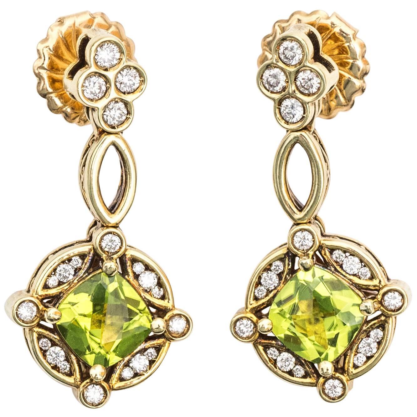 1950s Peridot Diamond 14 Karat Yellow Gold Chandelier Earrings at 1stDibs