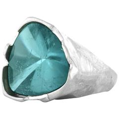 Spectacular Brutalist 30 Carat Blue Tourmaline and White Gold Ring