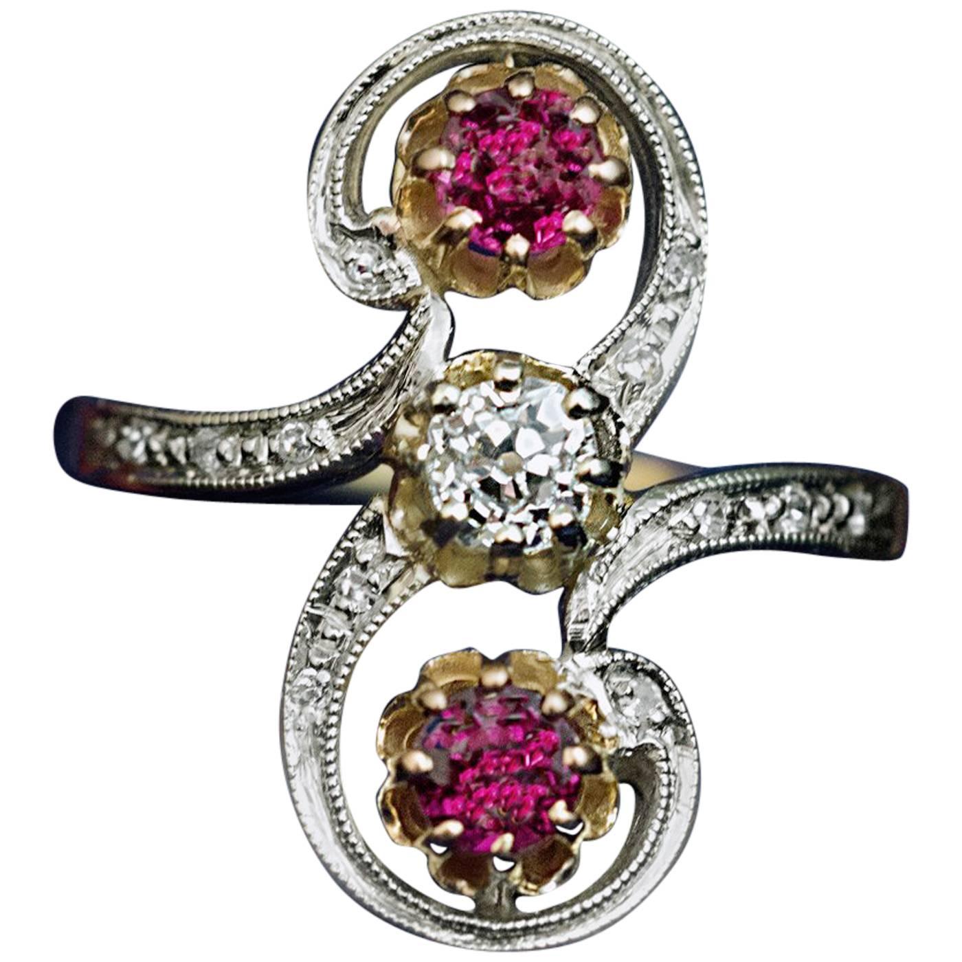 Belle Époque Antique Diamond Ruby Scroll Ring For Sale